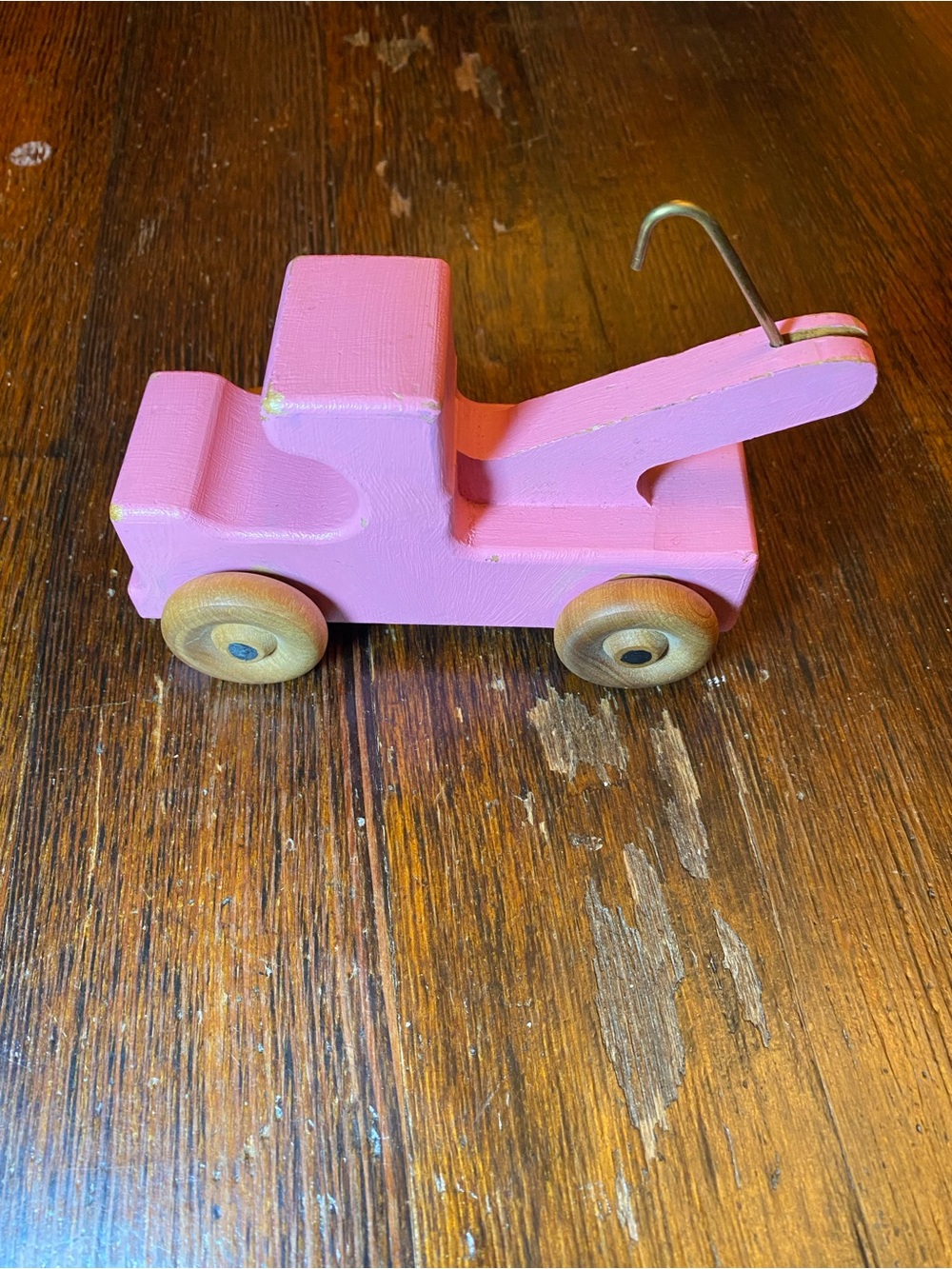 Pink Wooden Handmade Small Batch Tow Truck Toy - Classic Kids Vehicle